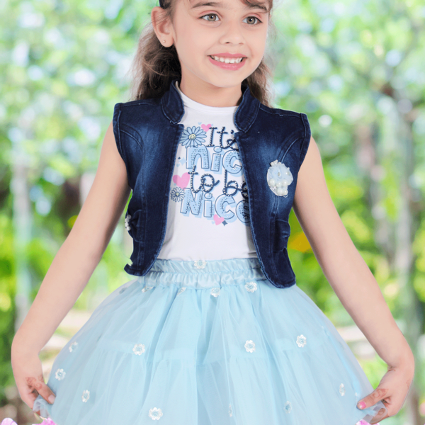 Girls Skirt Set With Denim Jacket